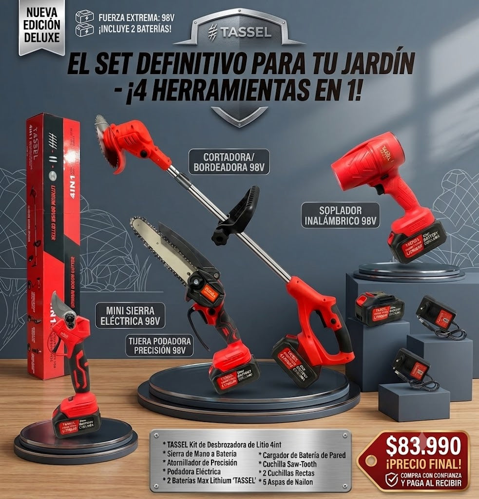 Kit Multiherramienta Inalámbrica 4 en 1 Tassel | Motosierra + Tijera de Poda + Cortabordes + Amoladora.